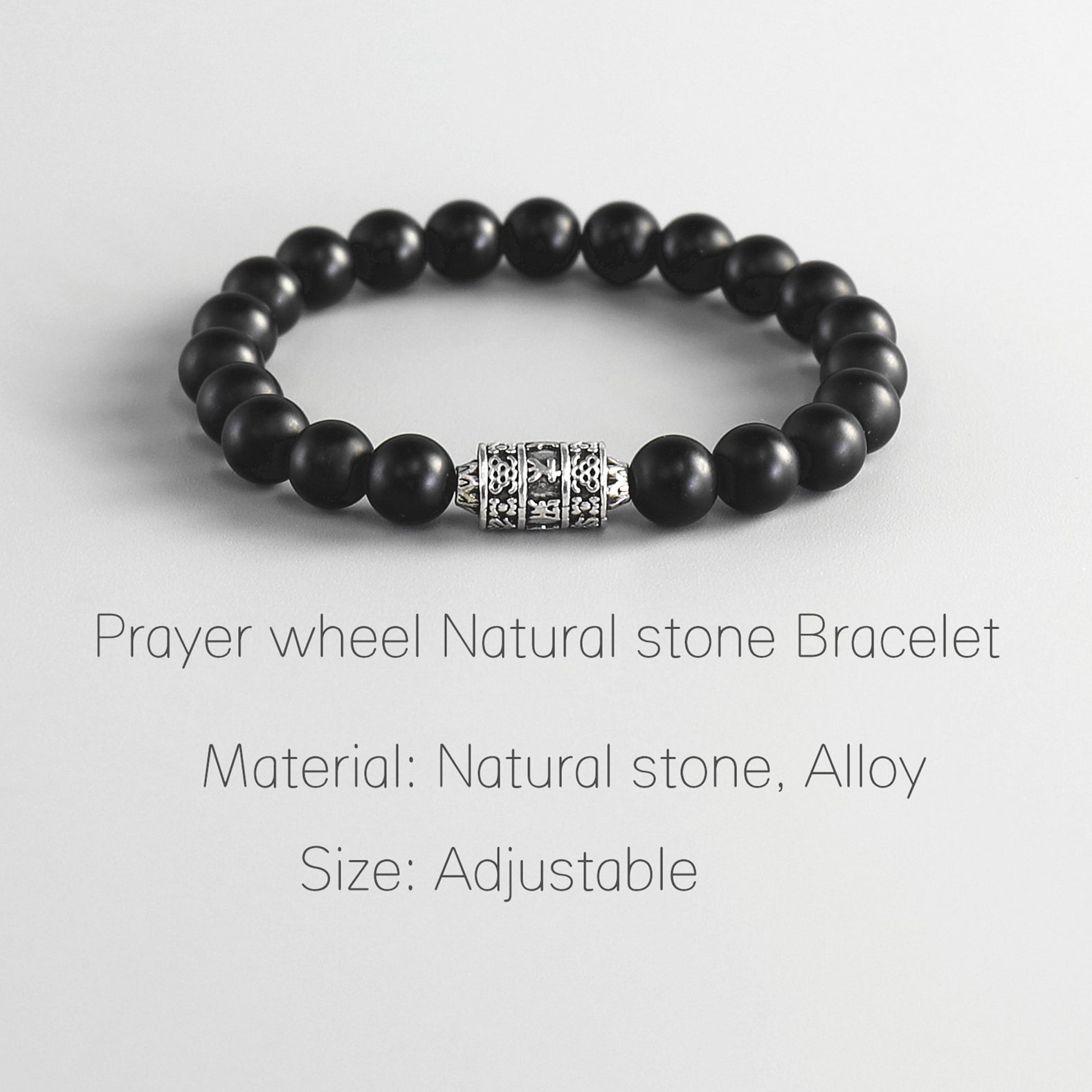 Buddhist Handcrafted Nature Sandalwood Bracelet for "Protection & Courage" - with Prayer Wheel & Healing Black Bead Onyx