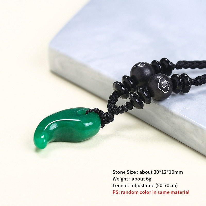 Natural Crystal Gemstone ~ Crescent Magatama Green Chalcedony Pendant w/ Ebony Beads ~ for "Protection, Harmony and Wellbeing"