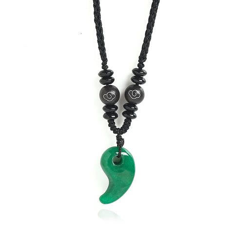 Natural Crystal Gemstone ~ Crescent Magatama Green Chalcedony Pendant w/ Ebony Beads ~ for "Protection, Harmony and Wellbeing"