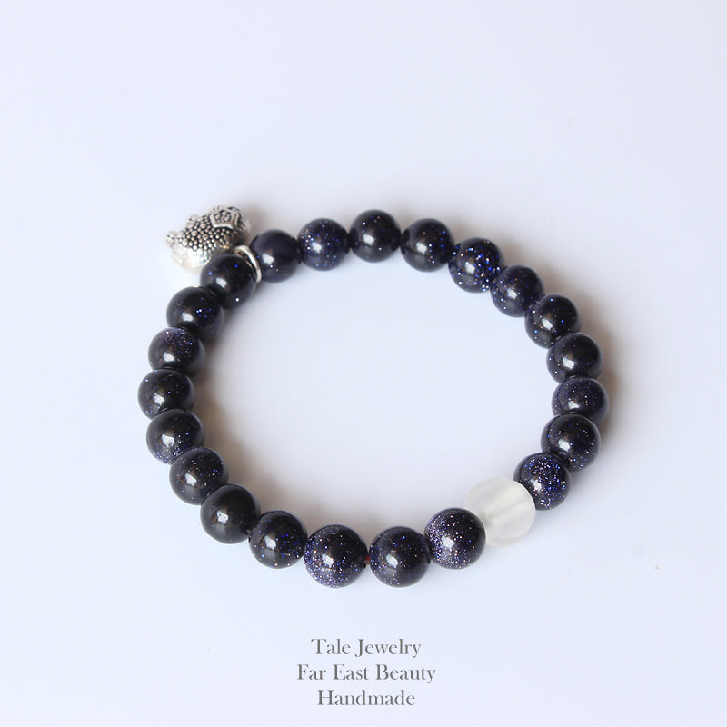 Buddhist Handcrafted Nature Sandalwood Bracelet for "Success & Glory" - Blue Obsidian Sandstones