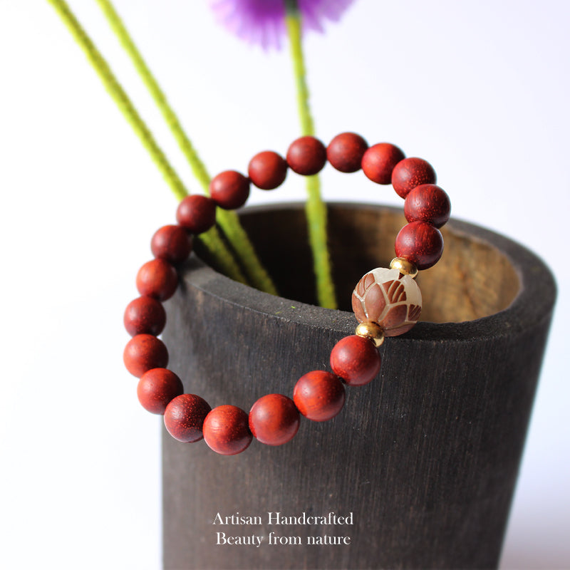 Buddhist Handcrafted Nature Sandalwood Bracelet for "Patience & Health"  with Hand-carved Lotus Flower Charm