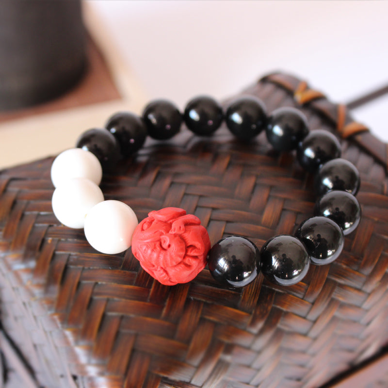 Healing Bracelet with Carved Elephant Charm (Black Obsidian)