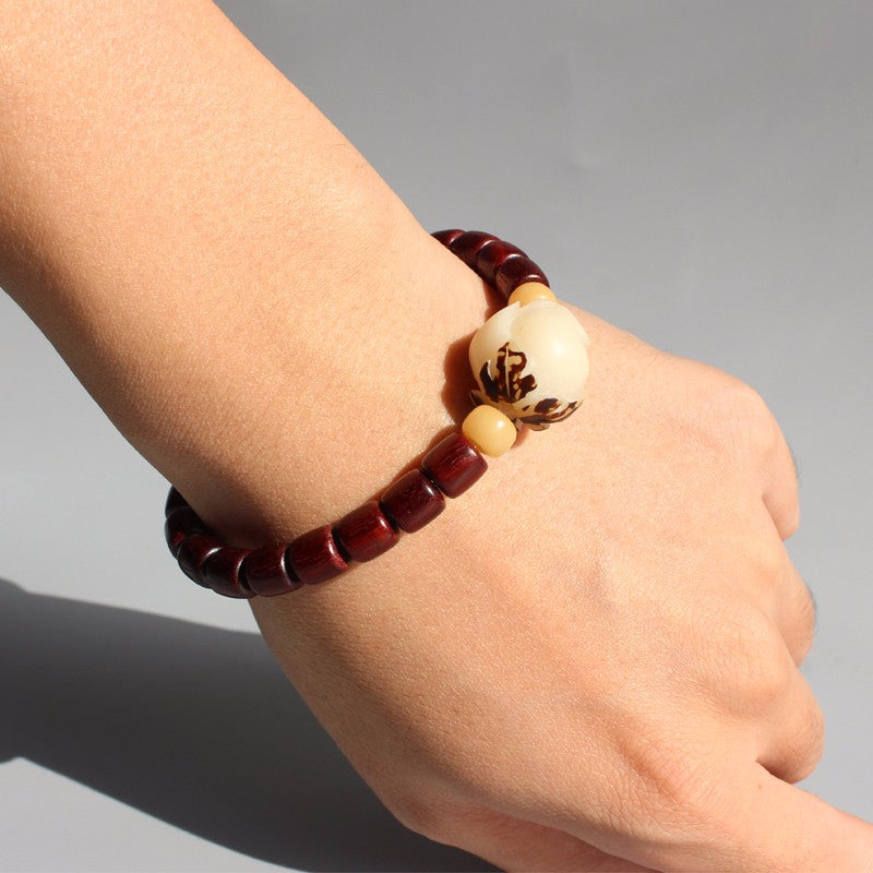 Buddhist Handcrafted Nature Sandalwood Strength & Peace of Mind Bracelet with Carved Rose Charm