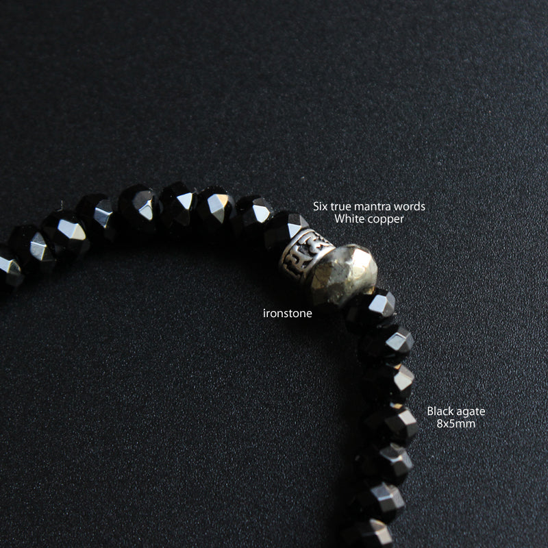 Buddhist Handcrafted Nature Sandalwood Mala Prayer Bracelet for "Power & Authority" (Black Stone & White Copper)