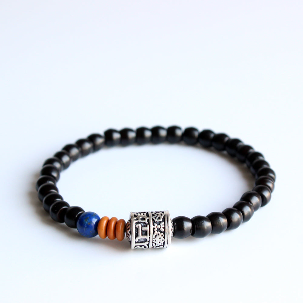 Buddhist Handcrafted Nature Sandalwood Bracelet for "Good Luck" (made with Antiquity Stone of Lapiz Lazuli)