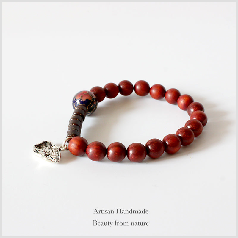 Buddhist Handcrafted Nature Sandalwood Composure Bracelet with Lotus Leaf Charm (Red Sandalwood)