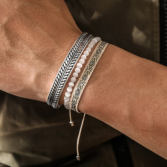 Tibetan Steel & Handmade Spirit Bracelet for Strength & Grounding (Stones made with Natural Cat's Eye)