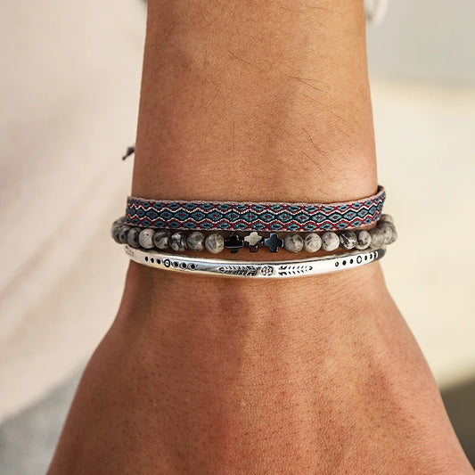 Tibetan Steel & Handmade Spirit Bracelet for Divine Love & Compassion (Beads made with Grey Tiger Eye)