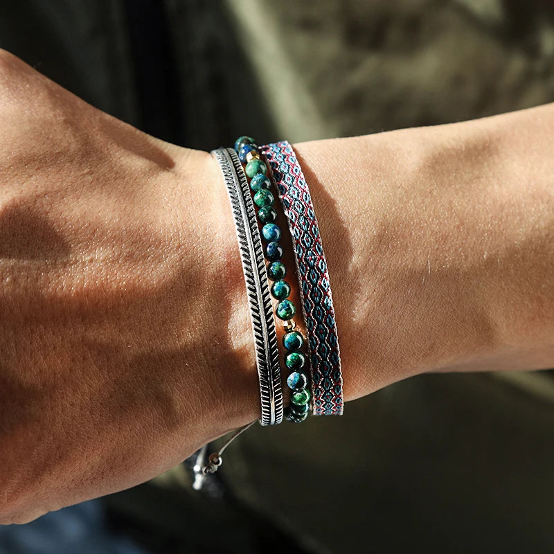 Tibetan Steel & Handmade Spirit Bracelet for "Daily Gratitude" (Beads made of Bohemian Lapis Lazuli Elasticity)
