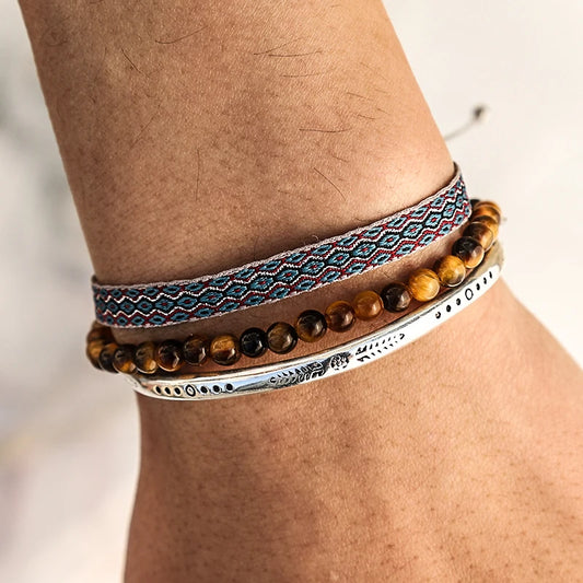 Tibetan Steel & Handmade Spirit Bracelet for "Wisdom Through Life’s Lessons"(Beads made of Bohemian Brown Tiger Eye Stone)