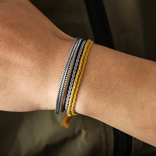 Handmade Braided Yellow Cotton Rope Simple Rope Knot Vintage Tibetan Silver C-Bangle Sets Sport Daily Bracelet For Men and Women