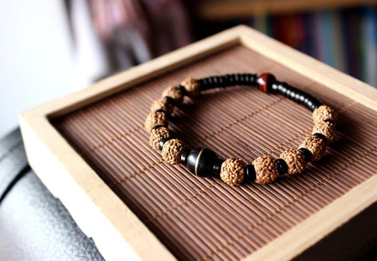 Buddhist Handcrafted Nature Sandalwood Bracelet for "Energy & Positivity" (Organic Coco Nut Shell & Rudraksha Seeds)