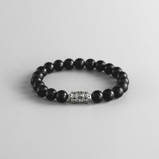 Buddhist Handcrafted Nature Sandalwood Bracelet for "Protection & Courage" - with Prayer Wheel & Healing Black Bead Onyx