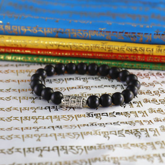 Buddhist Handcrafted Nature Sandalwood Bracelet for "Protection & Courage" - with Prayer Wheel & Healing Black Bead Onyx