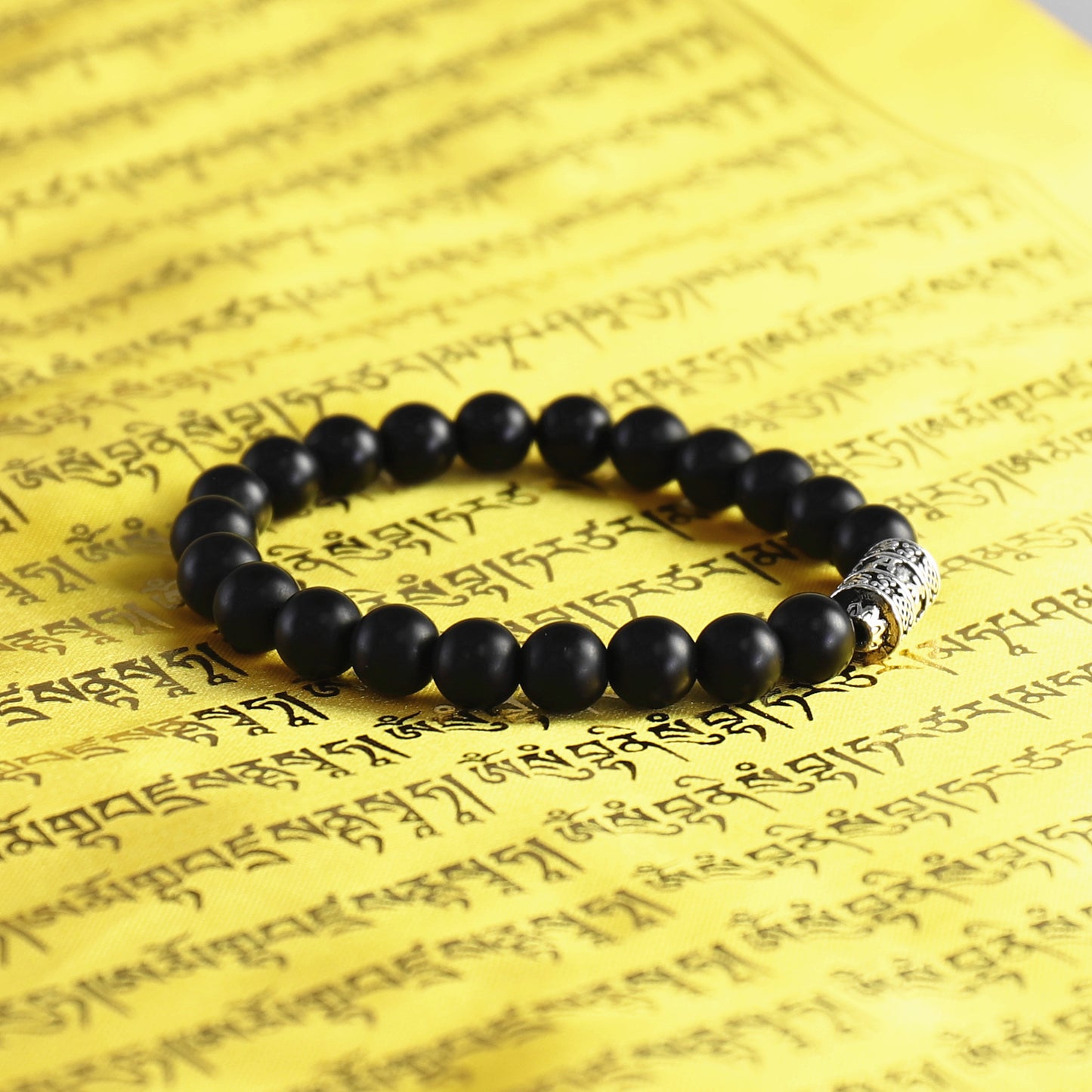 Buddhist Handcrafted Nature Sandalwood Bracelet for "Protection & Courage" - with Prayer Wheel & Healing Black Bead Onyx