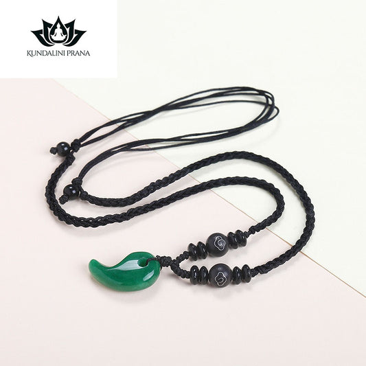 Natural Crystal Gemstone ~ Crescent Magatama Green Chalcedony Pendant w/ Ebony Beads ~ for "Protection, Harmony and Wellbeing"