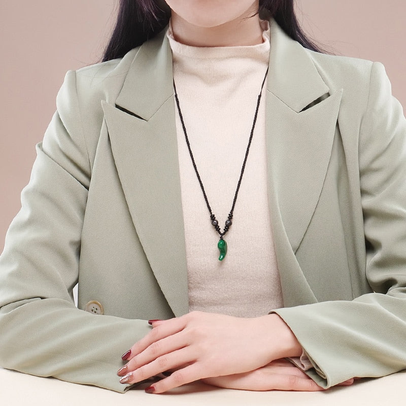 Natural Crystal Gemstone ~ Crescent Magatama Green Chalcedony Pendant w/ Ebony Beads ~ for "Protection, Harmony and Wellbeing"