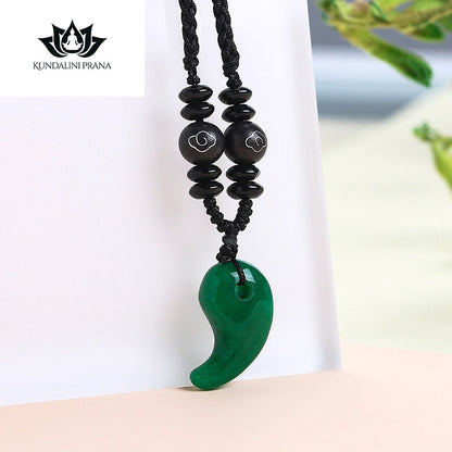 Natural Crystal Gemstone ~ Crescent Magatama Green Chalcedony Pendant w/ Ebony Beads ~ for "Protection, Harmony and Wellbeing"