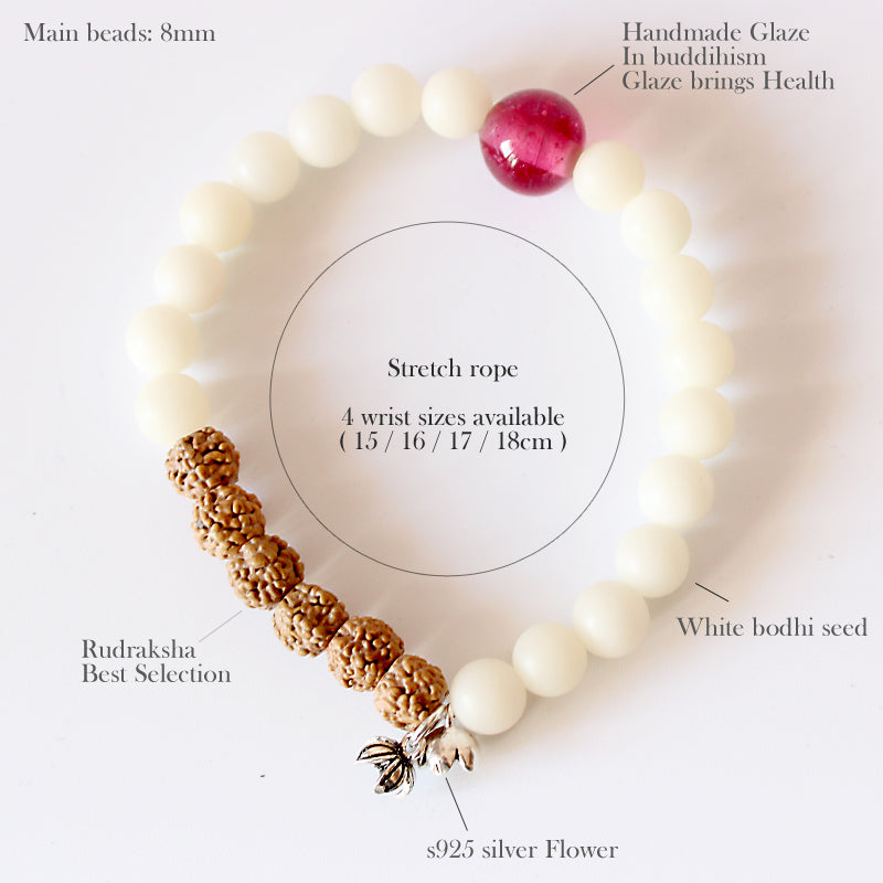Buddhist Handcrafted Nature Sandalwood Bracelet for "Devotion & Diligence" (made with Organic White Bodhi & Rudraksha Seeds)