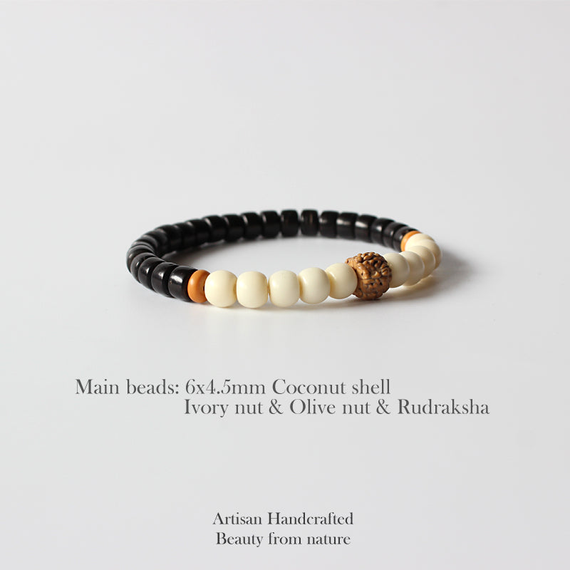 Buddhist Handcrafted Nature Sandalwood Bracelet for "Peace & Calmness" (made with Coco Nut Shell & Rudraksha Seeds)