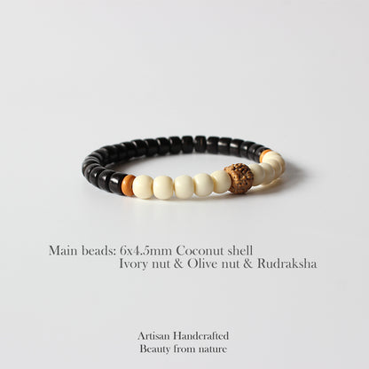 Buddhist Handcrafted Nature Sandalwood Bracelet for "Peace & Calmness" (made with Coco Nut Shell & Rudraksha Seeds)
