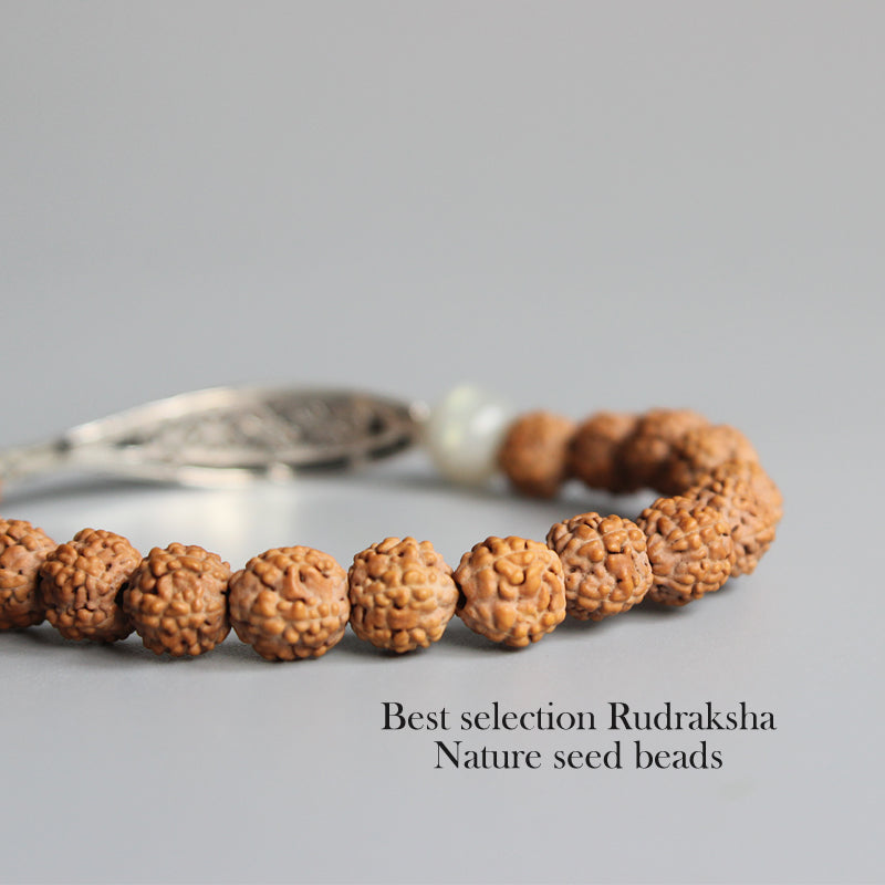 Buddhist Handcrafted Nature Sandalwood Bracelet for "High Energy" (made with Traditional Chinese Fish Lucky Charm & Rudraksha Seeds