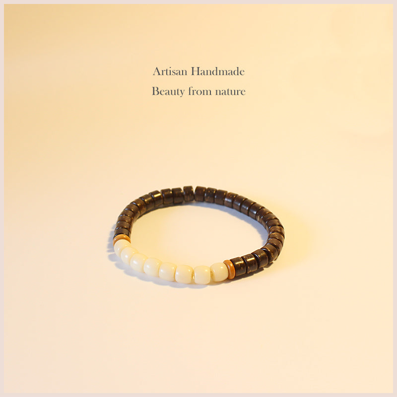 Buddhist Handcrafted Nature Sandalwood Bracelet for "Zen Buddhism" (made with Organic Coconut Shell, Ivory Beads, & Olive Nut)