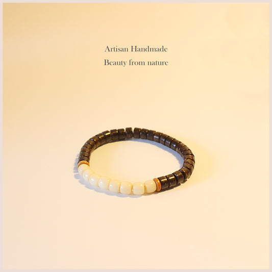 Buddhist Handcrafted Nature Sandalwood Bracelet for "Zen Buddhism" (made with Organic Coconut Shell, Ivory Beads, & Olive Nut)