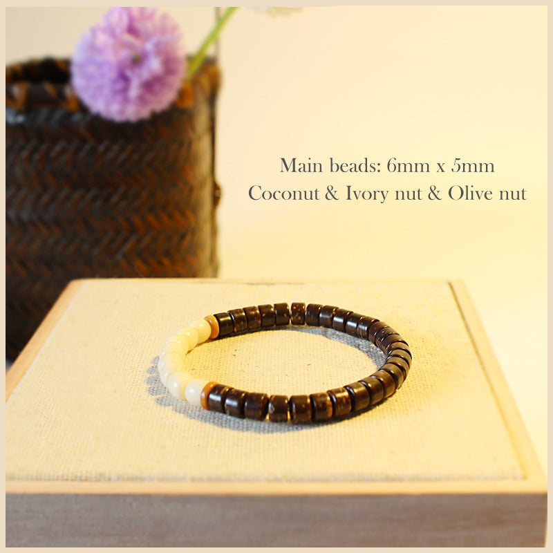 Buddhist Handcrafted Nature Sandalwood Bracelet for "Zen Buddhism" (made with Organic Coconut Shell, Ivory Beads, & Olive Nut)