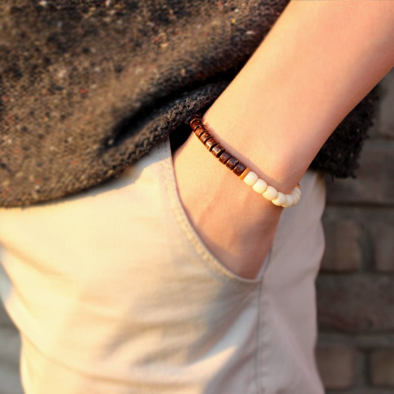 Buddhist Handcrafted Nature Sandalwood Bracelet for "Zen Buddhism" (made with Organic Coconut Shell, Ivory Beads, & Olive Nut)