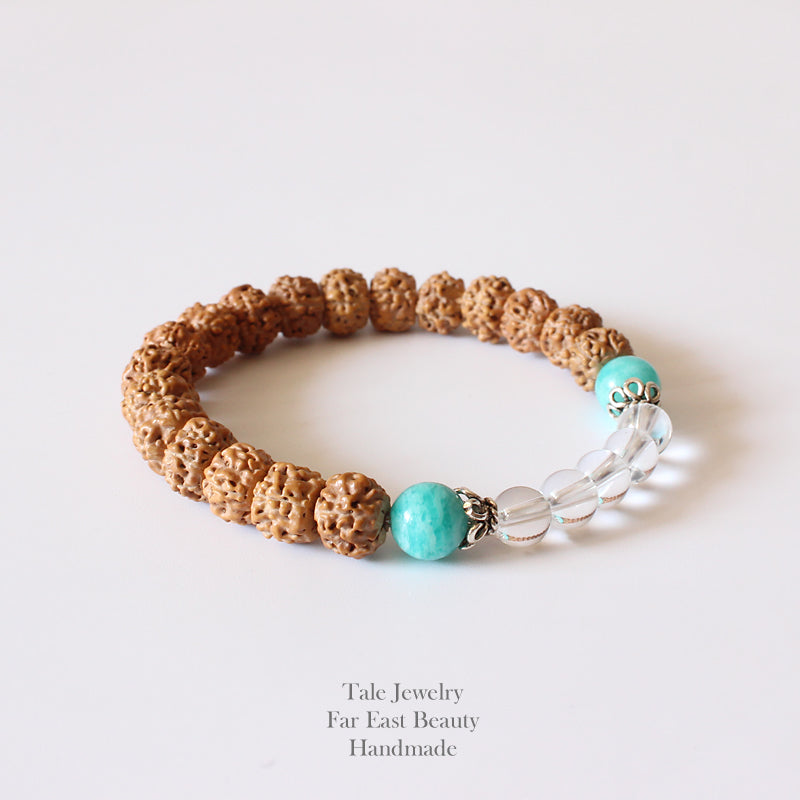 Buddhist Handcrafted Nature Sandalwood Bracelet for "Positivity" (made with Organic Rudraksha Seeds & Pure Crystals)