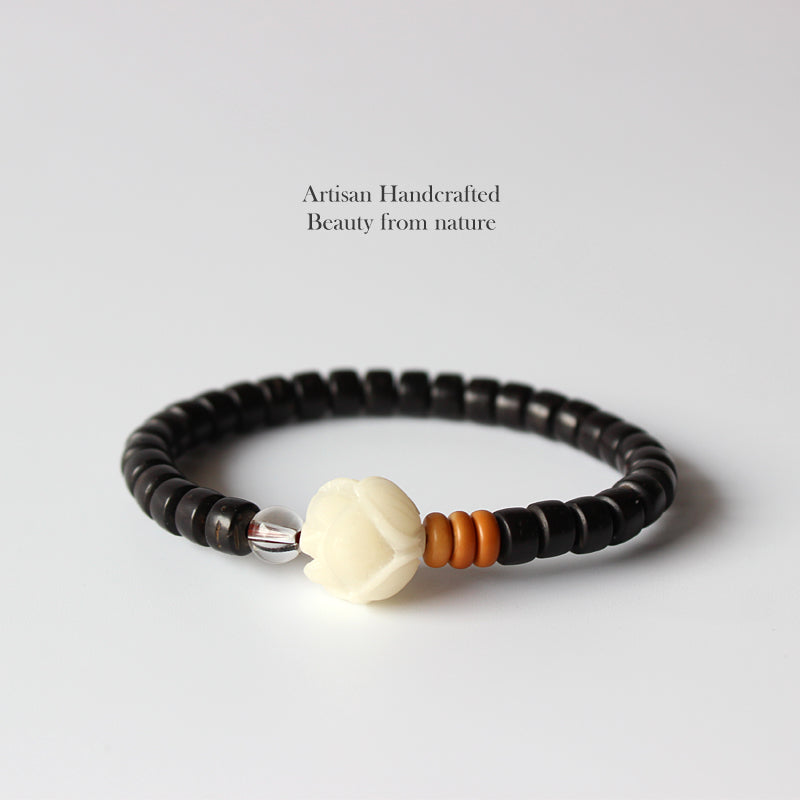 Buddhist Handcrafted Nature Sandalwood Enlightenment Bracelet with Rose Charm (Bodhi Ivory Seeds)