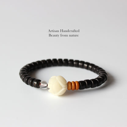 Buddhist Handcrafted Nature Sandalwood Enlightenment Bracelet with Rose Charm (Bodhi Ivory Seeds)