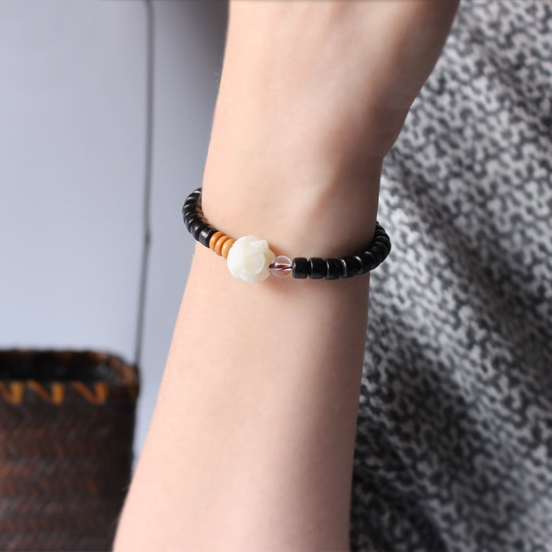Buddhist Handcrafted Nature Sandalwood Enlightenment Bracelet with Rose Charm (Bodhi Ivory Seeds)