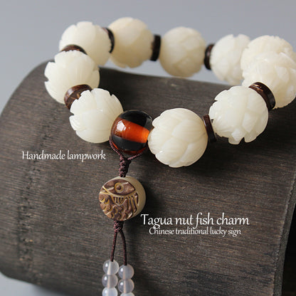 Buddhist Handcrafted Nature Sandalwood White Lotus Bracelet (Bodhi Ivory  Seed)
