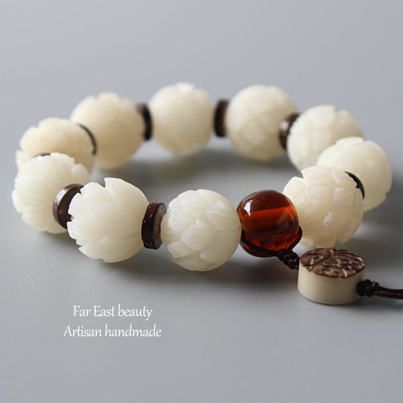 Buddhist Handcrafted Nature Sandalwood White Lotus Bracelet (Bodhi Ivory  Seed)