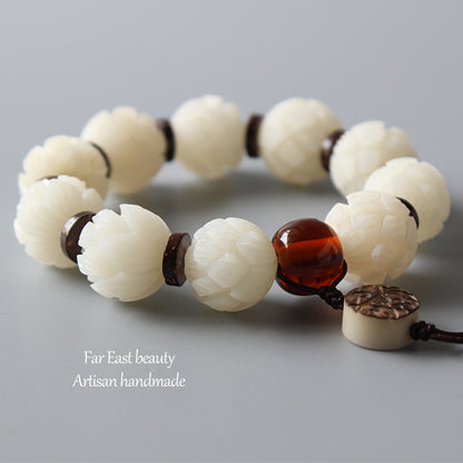Buddhist Handcrafted Nature Sandalwood White Lotus Bracelet (Bodhi Ivory  Seed)