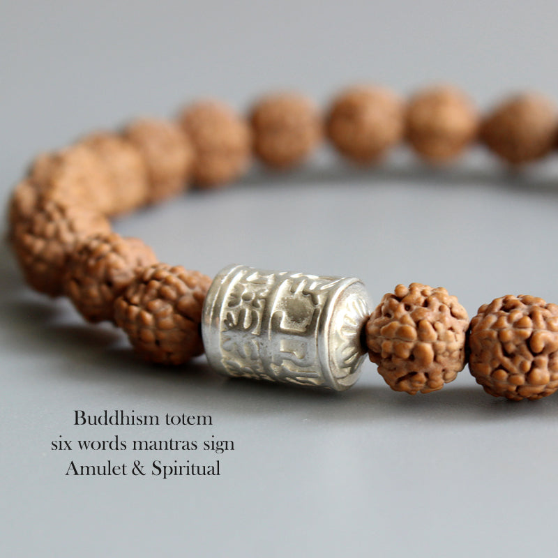 Buddhist Handcrafted Nature Sandalwood Bracelet for "Clear & Open Minded" (made with Mantra Ohm Amulet & Rudraksha Seeds)