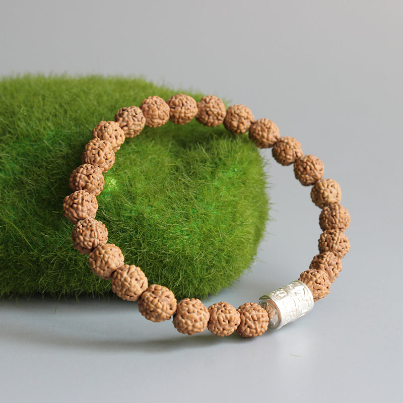 Buddhist Handcrafted Nature Sandalwood Bracelet for "Clear & Open Minded" (made with Mantra Ohm Amulet & Rudraksha Seeds)