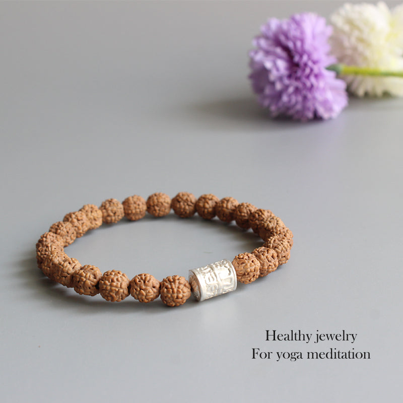 Buddhist Handcrafted Nature Sandalwood Bracelet for "Clear & Open Minded" (made with Mantra Ohm Amulet & Rudraksha Seeds)