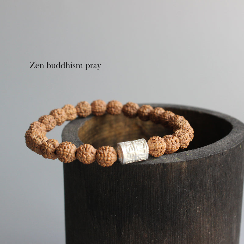 Buddhist Handcrafted Nature Sandalwood Bracelet for "Clear & Open Minded" (made with Mantra Ohm Amulet & Rudraksha Seeds)