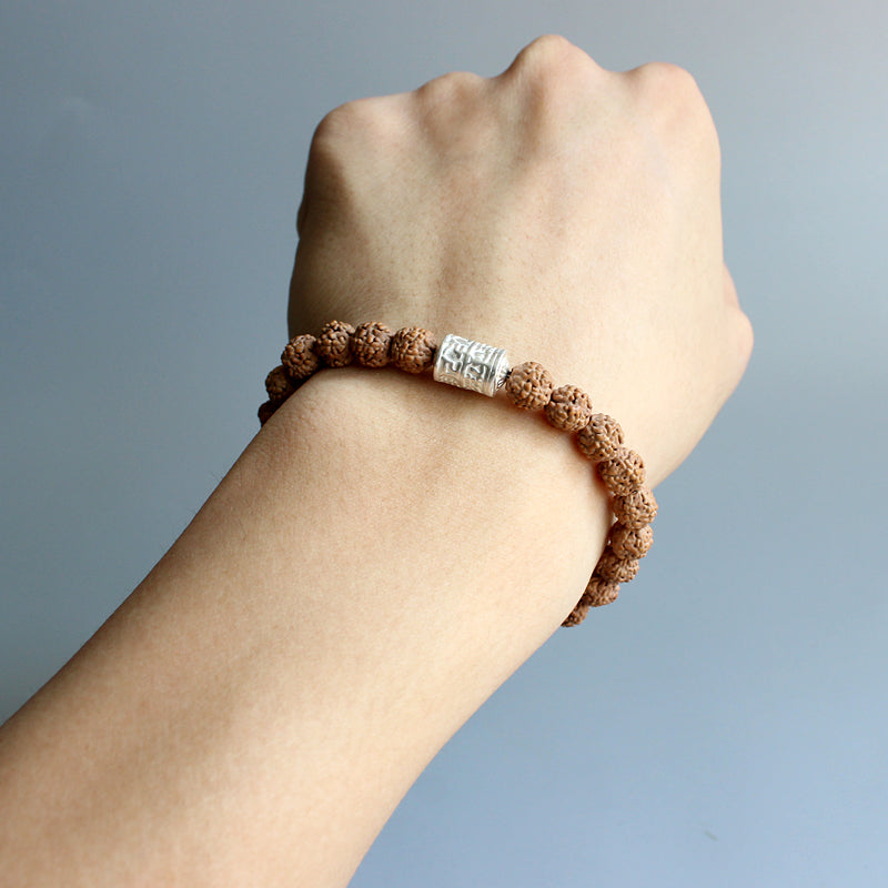 Buddhist Handcrafted Nature Sandalwood Bracelet for "Clear & Open Minded" (made with Mantra Ohm Amulet & Rudraksha Seeds)