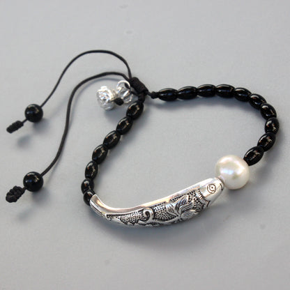 Buddhist Handcrafted Nature Sandalwood Emotion-soothing Bracelet with Fish Charm (Black Stone & Natural Pearl)