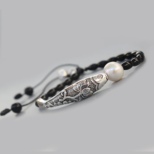 Buddhist Handcrafted Nature Sandalwood Emotion-soothing Bracelet with Fish Charm (Black Stone & Natural Pearl)