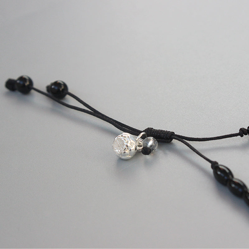 Buddhist Handcrafted Nature Sandalwood Emotion-soothing Bracelet with Fish Charm (Black Stone & Natural Pearl)