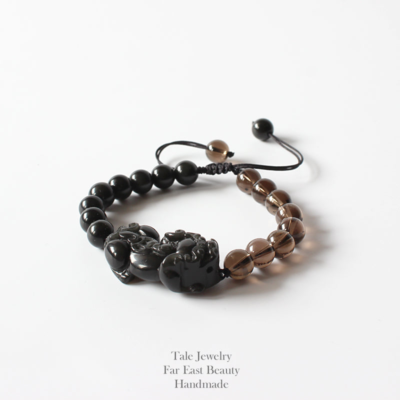 Buddhist Handcrafted Nature Sandalwood Pixiu Dragon Confidence Bracelet - (Black Obsidian & Smoky Crystal)