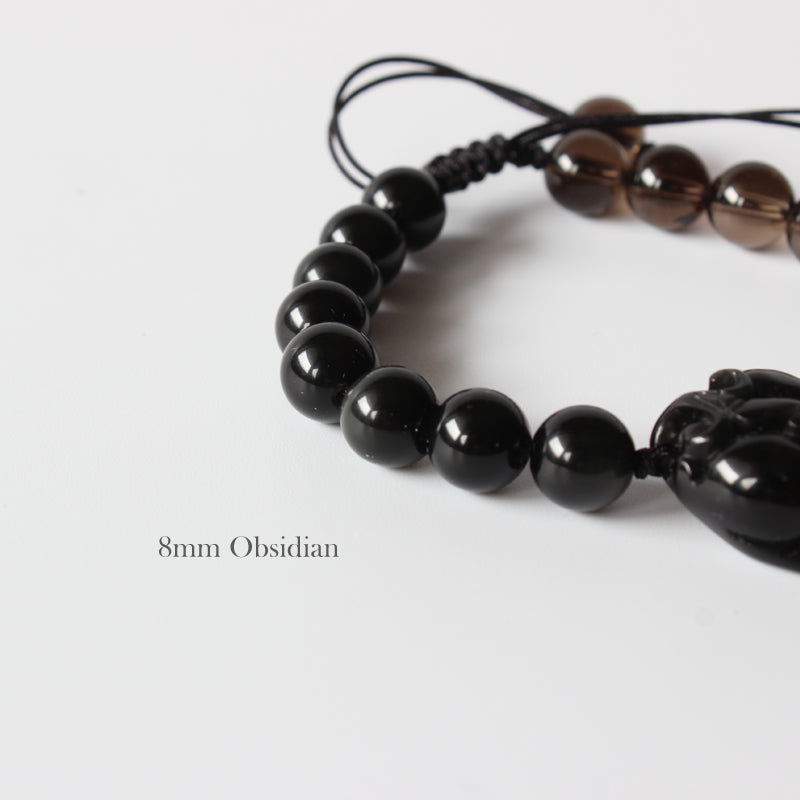 Buddhist Handcrafted Nature Sandalwood Pixiu Dragon Confidence Bracelet - (Black Obsidian & Smoky Crystal)