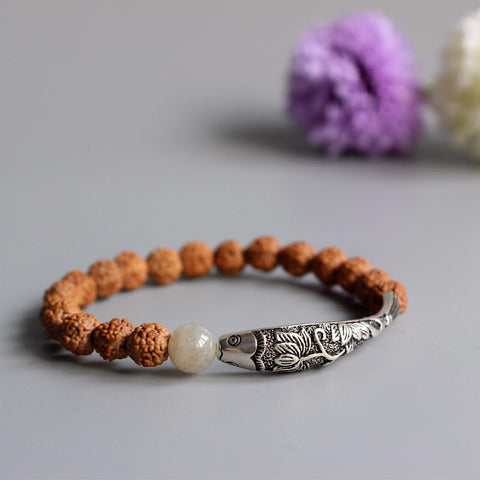 Buddhist Handcrafted Nature Sandalwood Bracelet for "High Energy" (made with Traditional Chinese Fish Lucky Charm & Rudraksha Seeds
