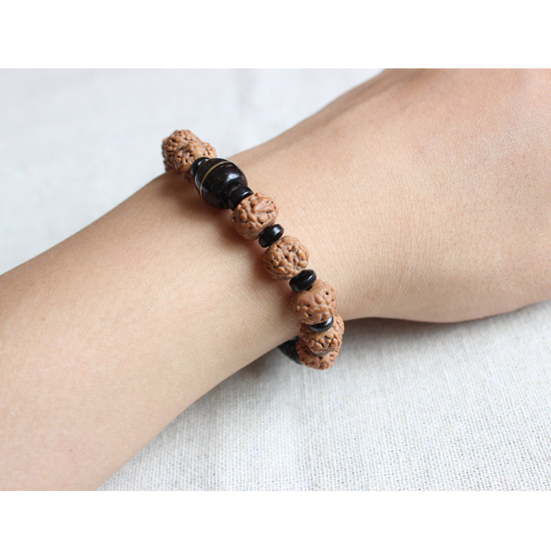 Buddhist Handcrafted Nature Sandalwood Bracelet for "Energy & Positivity" (Organic Coco Nut Shell & Rudraksha Seeds)