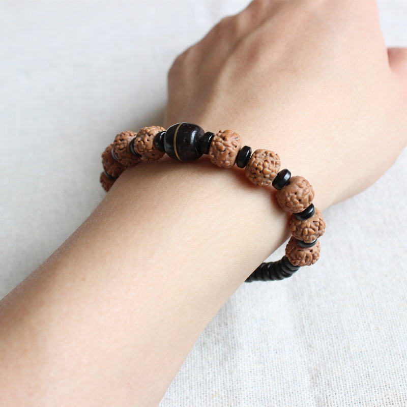 Buddhist Handcrafted Nature Sandalwood Bracelet for "Energy & Positivity" (Organic Coco Nut Shell & Rudraksha Seeds)